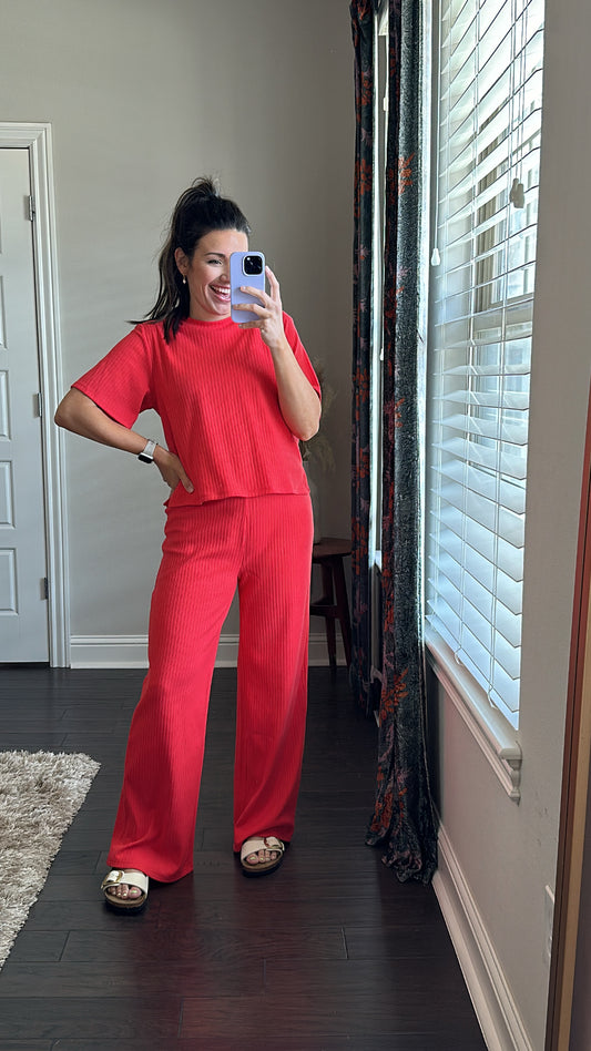 Ribby Textured Knit Set | Red