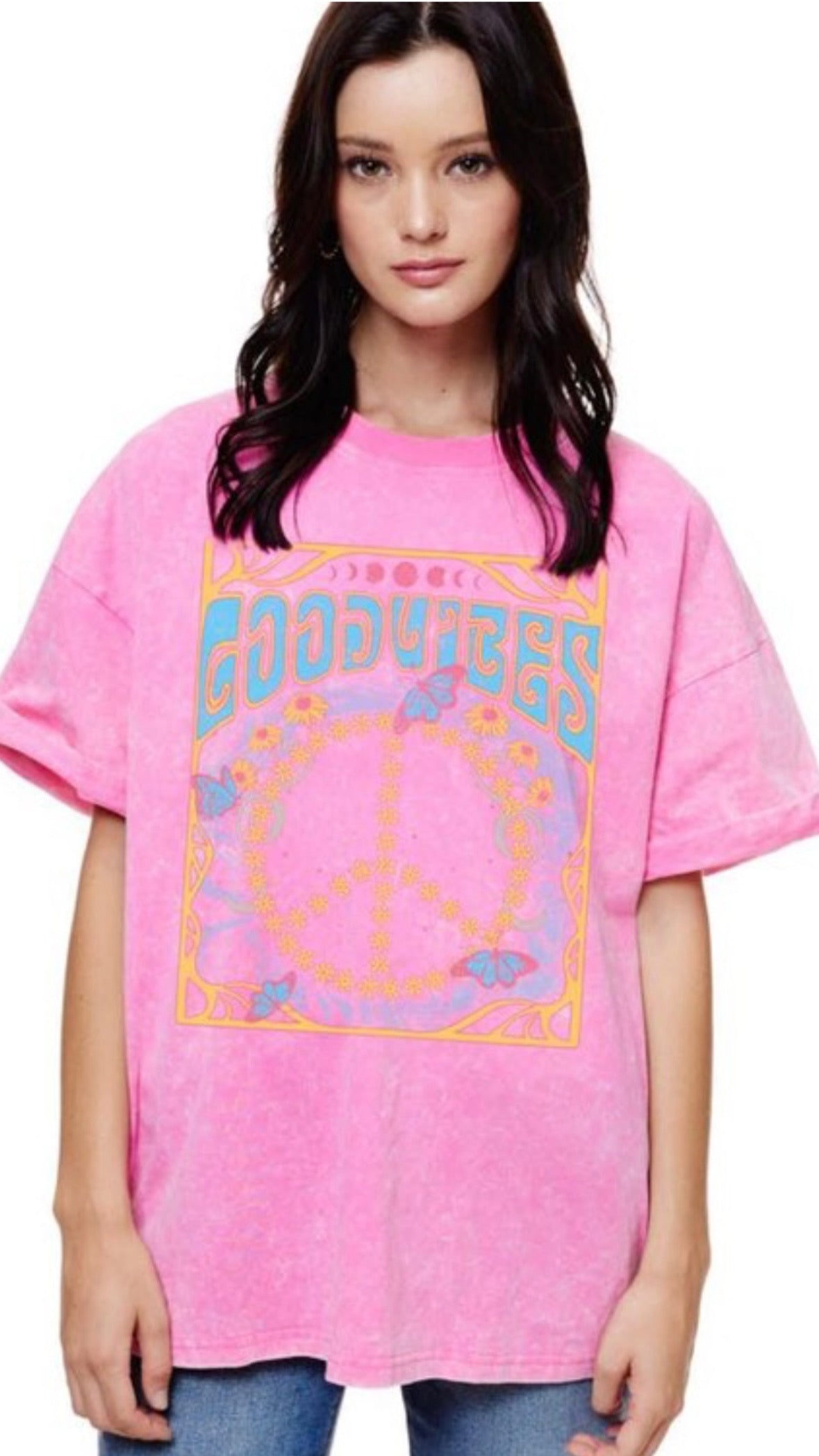 Good Vibes Peace Floral Mineral Wash Tee | Pink